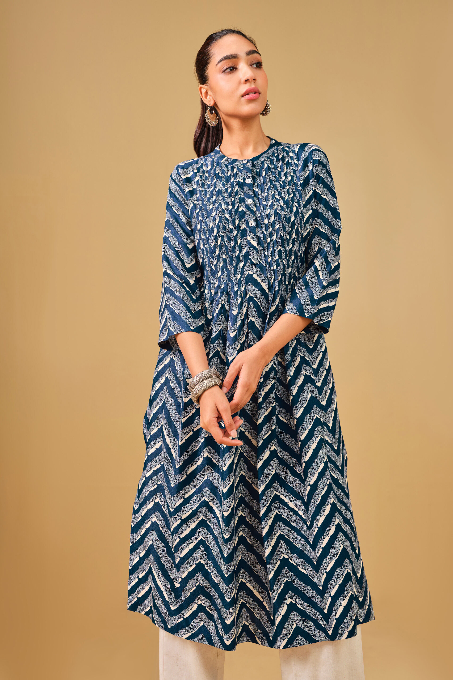 Navy Blue Printed Viscose Kurta, Navy Blue, image 3